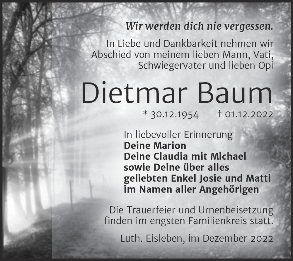  Traueranzeige für Dietmar Baum vom 17.12.2022 aus Trauerkombi Mansfelder Land