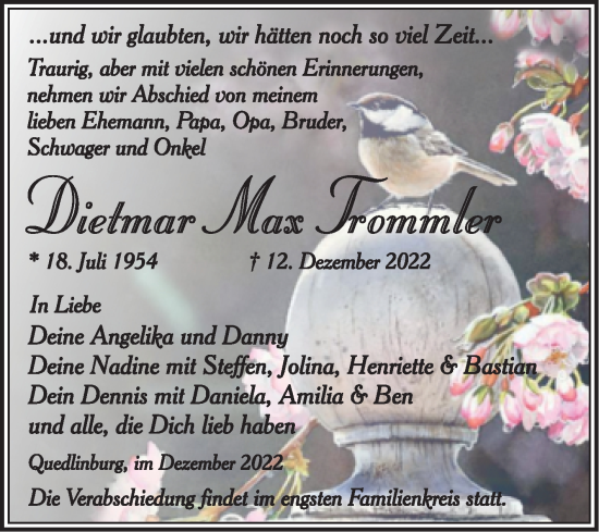 Traueranzeige von Dietmar Max Trommler von Trauerkombi Quedlinburg