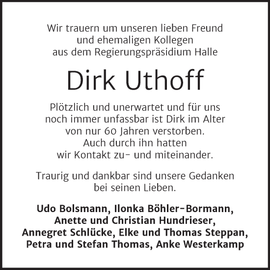 Traueranzeige von Dirk Uthoff von Mitteldeutsche Zeitung Halle/Saalkreis