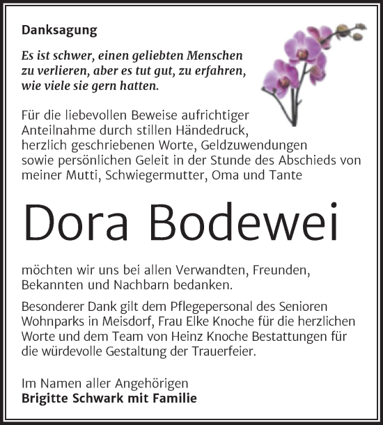 Traueranzeige von Dora Bodewei von Trauerkombi Aschersleben