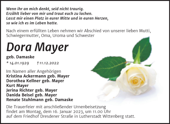 Traueranzeige von Dora Mayer von Trauerkombi Wittenberg