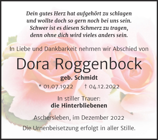 Traueranzeige von Dora Roggenbock von Trauerkombi Aschersleben