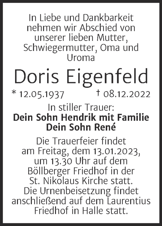 Traueranzeige von Doris Eigenfeld von Mitteldeutsche Zeitung Halle/Saalkreis
