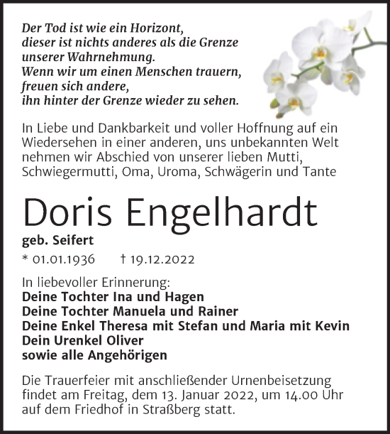 Traueranzeige von Doris Engelhardt von Trauerkombi Quedlinburg