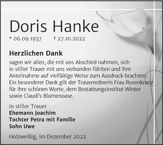 Traueranzeige von Doris Hanke von Trauerkombi Bitterfeld