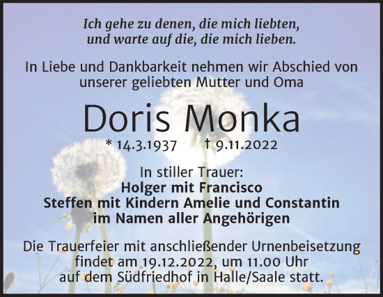 Traueranzeige von Doris Monka von Mitteldeutsche Zeitung Halle/Saalkreis
