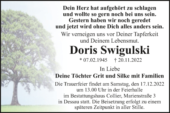 Traueranzeige von Doris Swigulski von Trauerkombi Dessau
