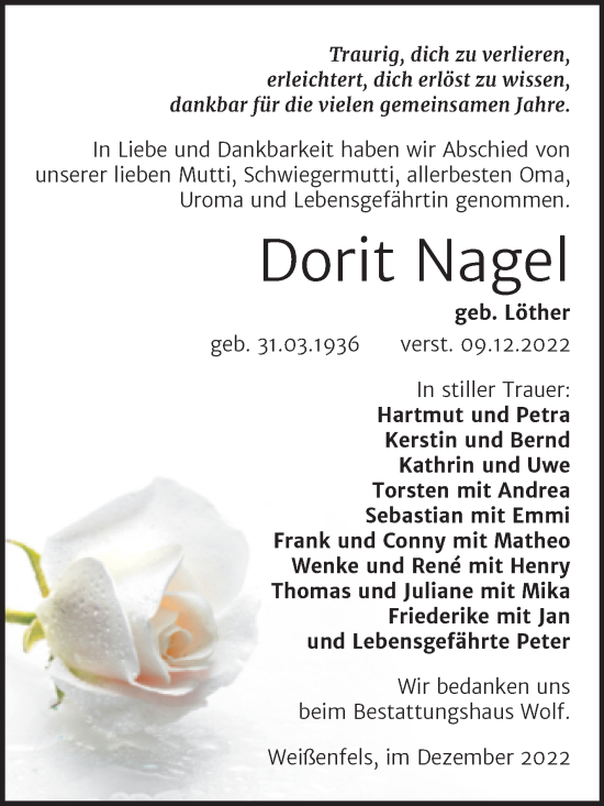 Traueranzeige von Dorit Nagel von Trauerkombi Weißenfels
