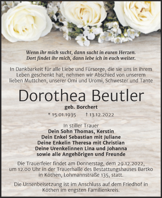 Traueranzeige von Dorothea Beutler von Trauerkombi Köthen