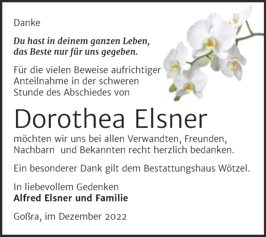 Traueranzeige von Dorothea Elsner von Trauerkombi Zeitz