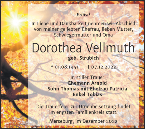 Traueranzeige von Dorothea Vellmuth von Trauerkombi Merseburg
