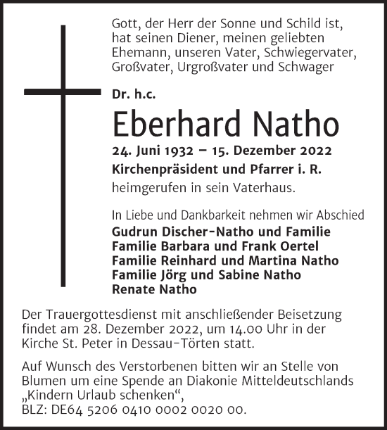 Traueranzeige von Eberhard Natho von Trauerkombi Dessau
