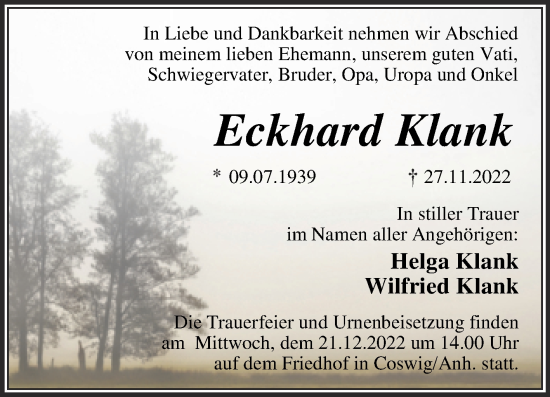 Traueranzeige von Eckhard Klank von Trauerkombi Wittenberg