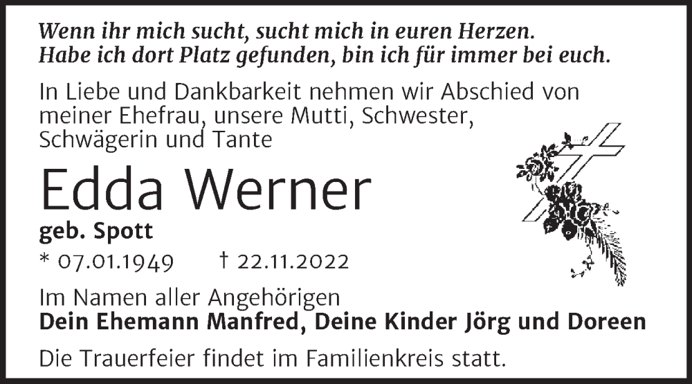  Traueranzeige für Edda Werner vom 03.12.2022 aus Trauerkombi Dessau