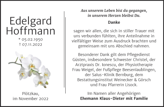 Traueranzeige von Edelgard Hoffmann von Trauerkombi Bernburg