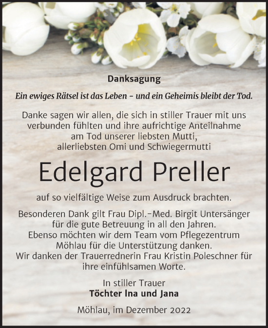 Traueranzeige von Edelgard Preller von Trauerkombi Wittenberg