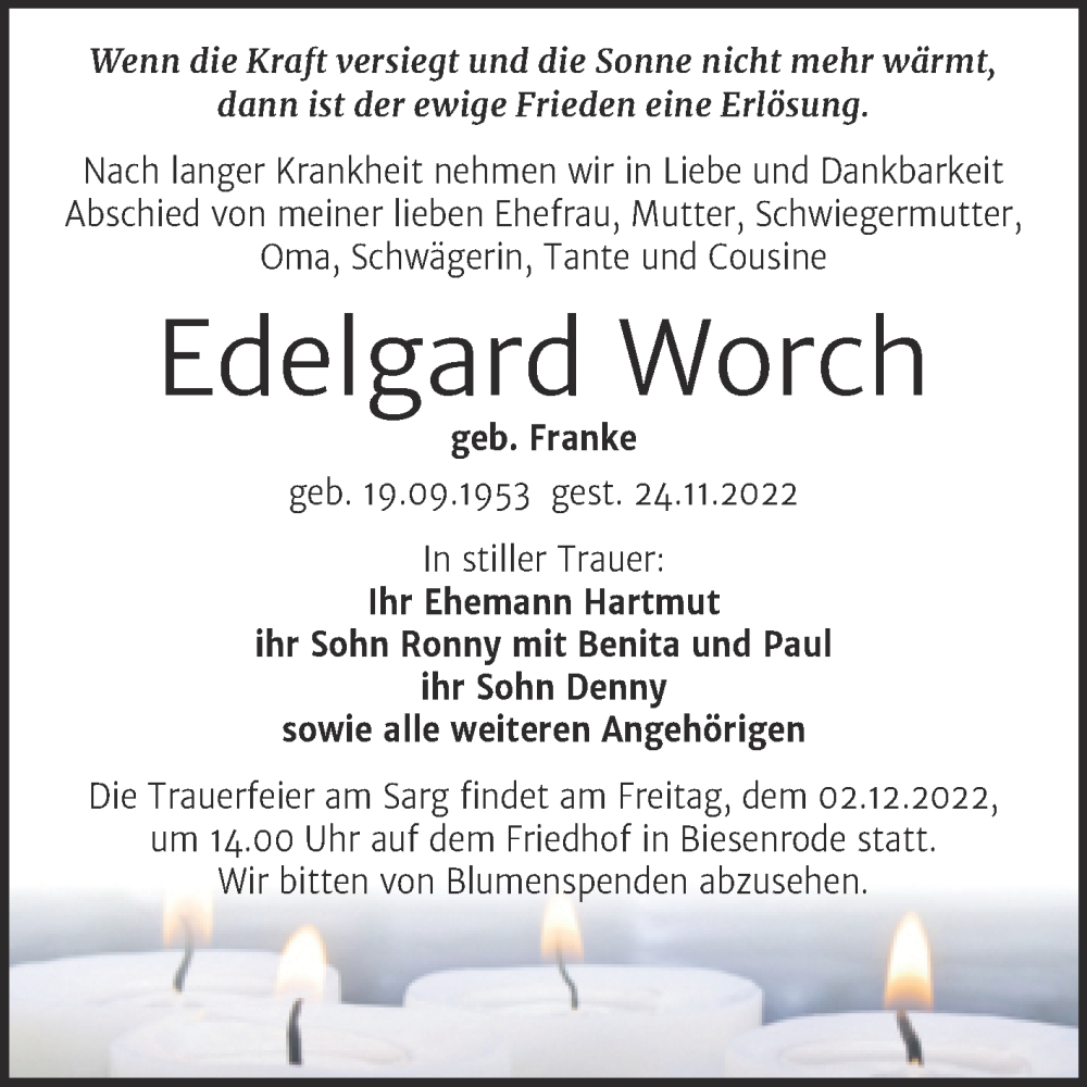  Traueranzeige für Edelgard Worch vom 01.12.2022 aus Mitteldeutsche Zeitung Mansfelder Land