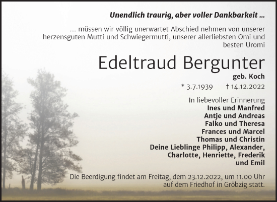Traueranzeige von Edeltraud Bergunter von Trauerkombi Köthen