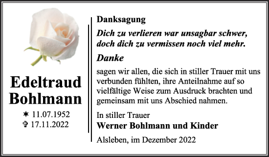 Traueranzeige von Edeltraud Bohlmann von Trauerkombi Bernburg