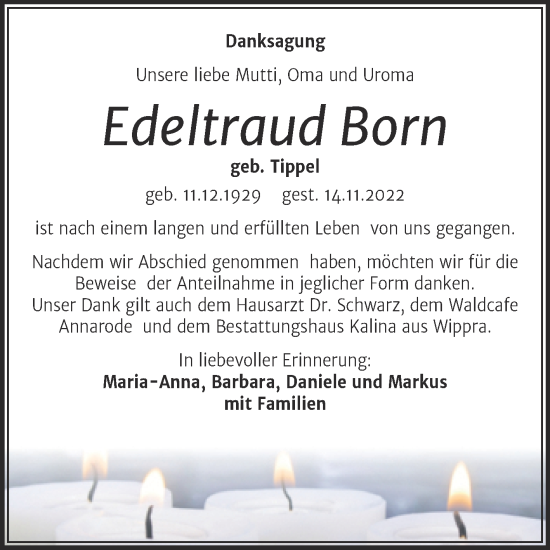 Traueranzeige von Edeltraud Born von Trauerkombi Mansfelder Land