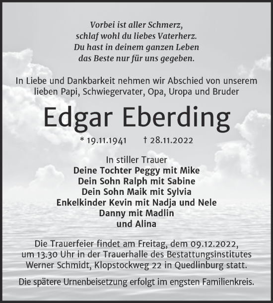 Traueranzeige von Edgar Eberding von Trauerkombi Quedlinburg