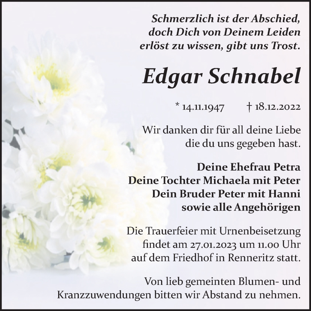  Traueranzeige für Edgar Schnabel vom 24.12.2022 aus Trauerkombi Bitterfeld
