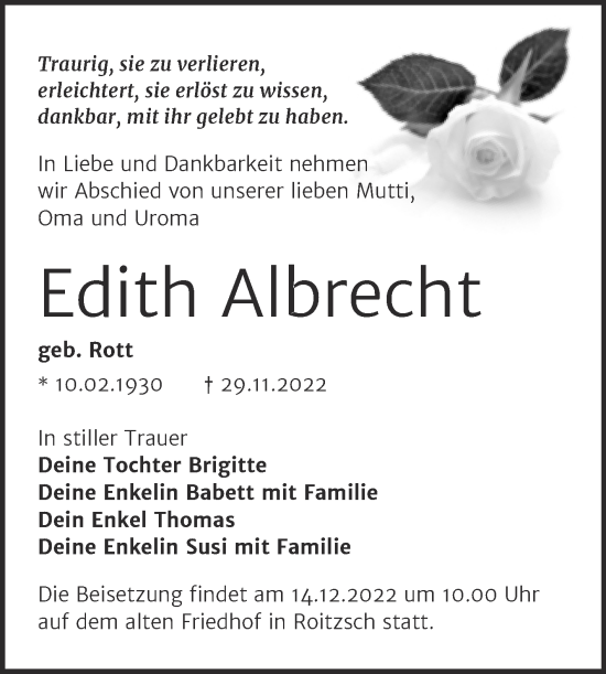 Traueranzeige von Edith Albrecht von Trauerkombi Bitterfeld