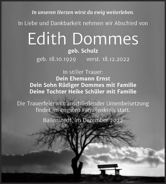 Traueranzeige von Edith Dommes von Super Sonntag Quedlingburg