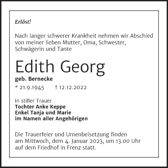 Traueranzeige von Edith Georg von Mitteldeutsche Zeitung Köthen