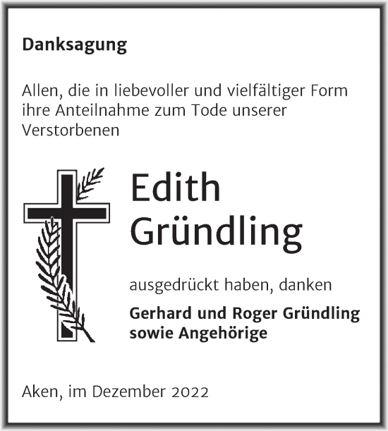 Traueranzeige von Edith Gründling von Trauerkombi Köthen