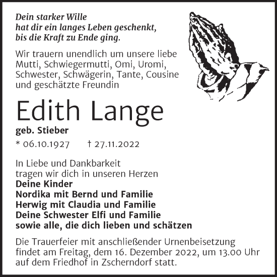 Traueranzeige von Edith Lange von Trauerkombi Bitterfeld