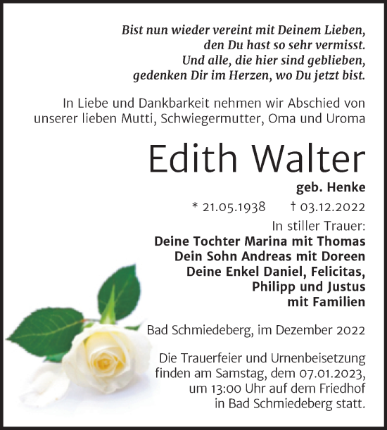 Traueranzeige von Edith Walter von Trauerkombi Wittenberg