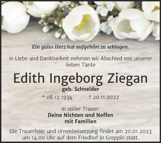 Traueranzeige von Edith Ingeborg Ziegan von Trauerkombi Bitterfeld