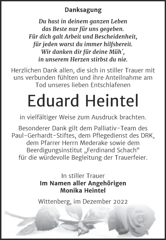 Traueranzeige von Eduard Heintel von Trauerkombi Wittenberg