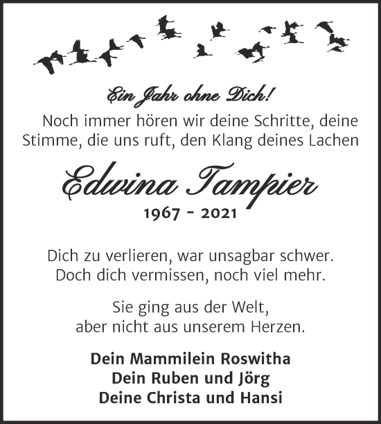 Traueranzeige von Edwina Tampier von Trauerkombi Köthen