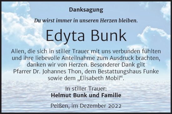 Traueranzeige von Edyta Bunk von Mitteldeutsche Zeitung Halle/Saalkreis