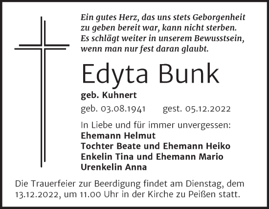 Traueranzeige von Edyta Bunk von Mitteldeutsche Zeitung Halle/Saalkreis