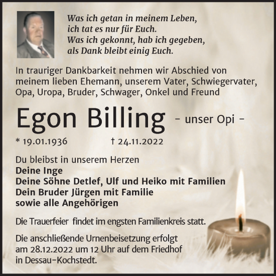 Traueranzeige von Egon Billing von Trauerkombi Dessau