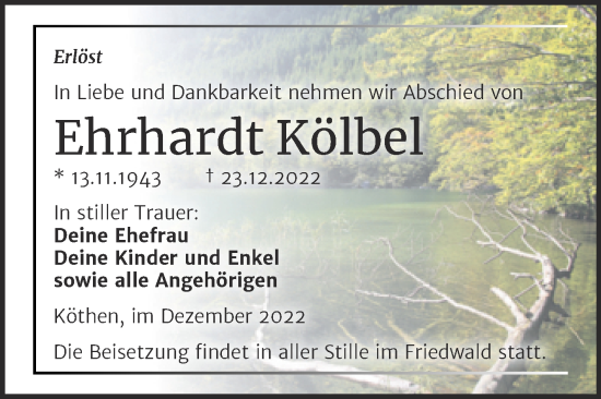 Traueranzeige von Ehrhardt Kölbel von Trauerkombi Köthen