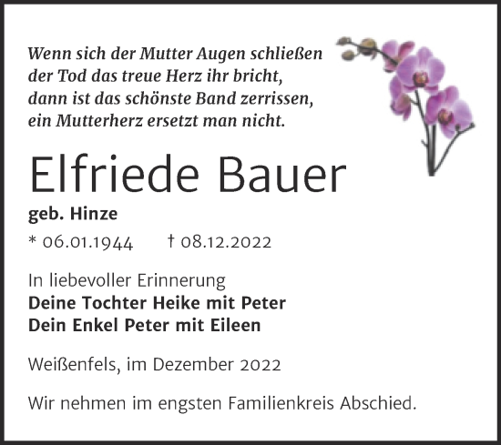 Traueranzeige von Elfriede Bauer von Trauerkombi Weißenfels