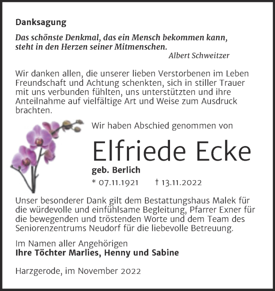 Traueranzeige von Elfriede Ecke von Trauerkombi Quedlinburg