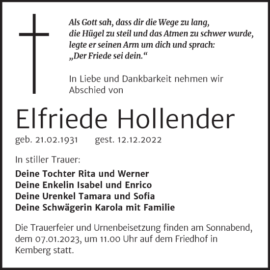 Traueranzeige von Elfriede Hollender von Trauerkombi Wittenberg