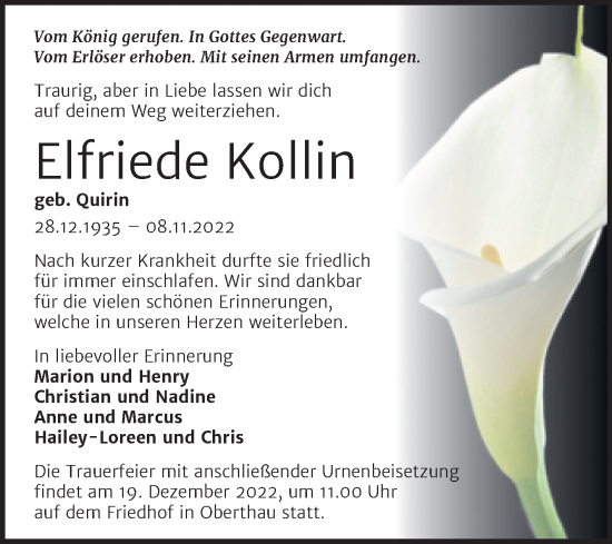 Traueranzeige von Elfriede Kollin von Trauerkombi Merseburg