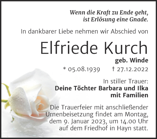 Traueranzeige von Elfriede Kurch von Trauerkombi Sangerhausen