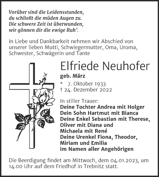 Traueranzeige von Elfriede Neuhofer von Trauerkombi Merseburg