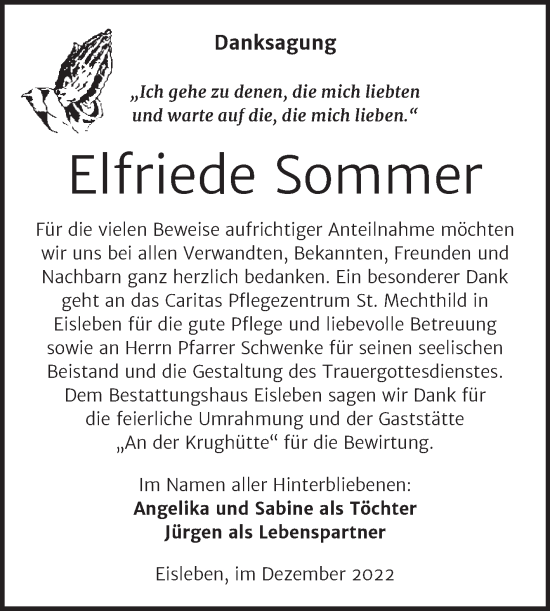 Traueranzeige von Elfriede Sommer von Trauerkombi Mansfelder Land