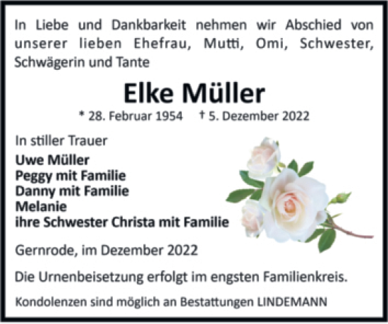 Traueranzeige von Elke Müller von Super Sonntag Quedlingburg