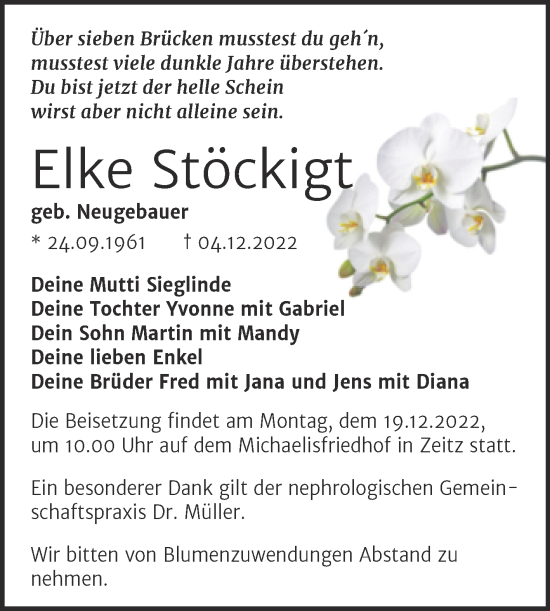 Traueranzeige von Elke Stöckigt von Trauerkombi Zeitz