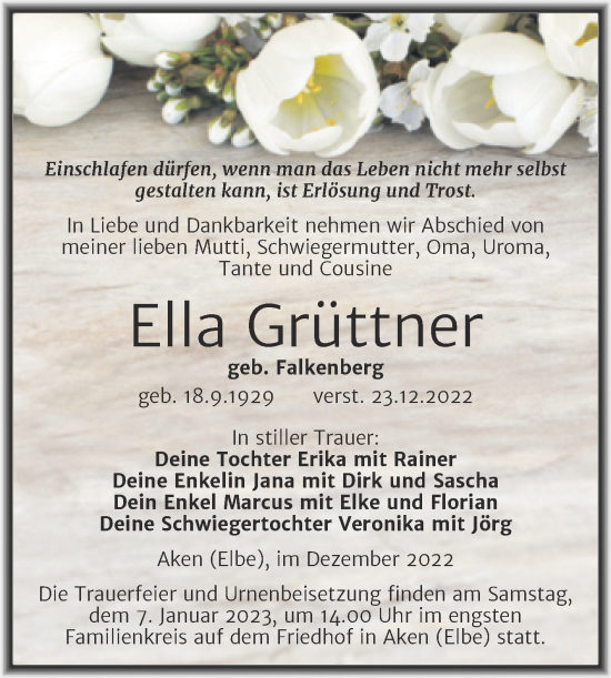 Traueranzeige von Ella Grüttner von Trauerkombi Köthen