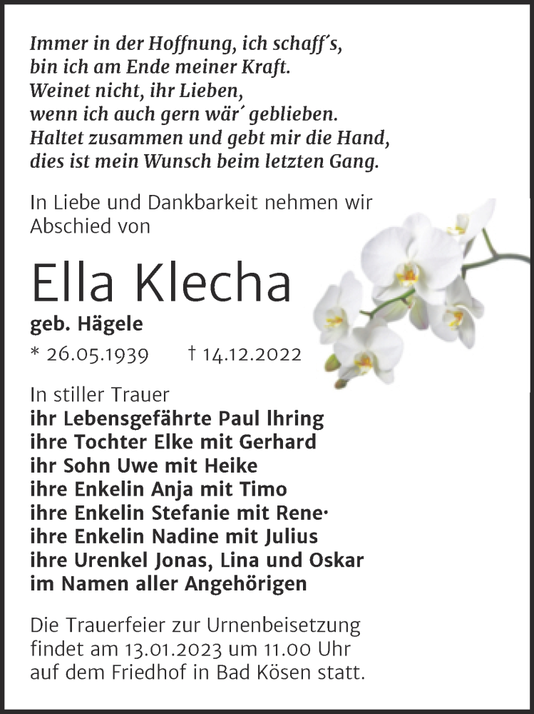  Traueranzeige für Ella Klecha vom 28.12.2022 aus Wochenspiegel Naumburg/Nebra